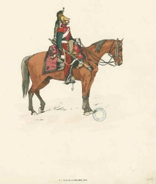 Reiter mit grün-rotem Waffenrock, weissem Gurt und Handschuhe, Zierhelm, rote Hose mit grünem Stoss und schwarzen Halbstiefeln, umgehängtes Gewehr, Jahr 1835, Seitenansicht