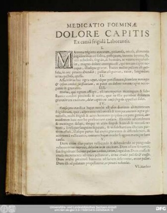 Medicatio Foeminae Dolore Capitis Ex causa frigida Laborantis.
