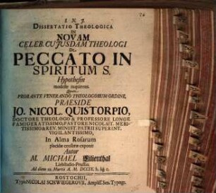 Diss. theol. in novam celeb. cuiusdam Theologi de peccato in Spiritum S. hypothesin modeste inquirens
