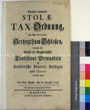 Stolae- und Taxordnung von Friedrich II. König in Preußen für das Herzogtum Schlesien