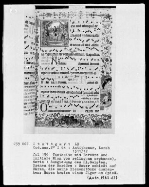 Antiphonarium (Benediktinerhandschrift) — Textseite mit mehreren figürlichen Darstellungen, Folio 139recto