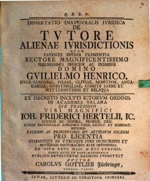 Dissertatio inavgvralis ivridica de tvtore alienae ivrisdictionis