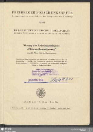 Sitzung des Arbeitsausschusses Steinkohlenentgasung vom 24. März 1961 in Markkleeberg