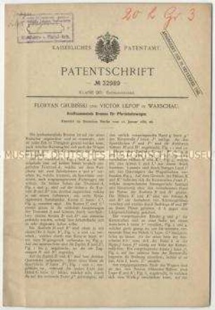 Patentschrift einer kraftsammelnden Bremse für Pferdebahnwagen, Patent-Nr. 32989
