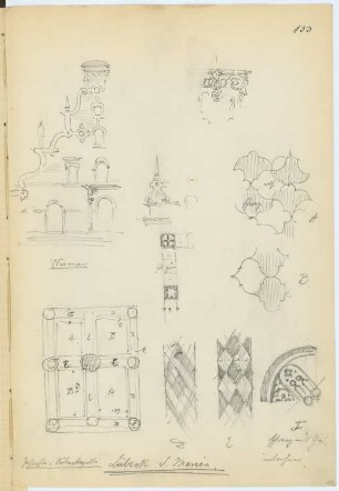 Marienkirche, Lübeck / Schabbellhaus, Wismar: Details (aus: Skizzen- und Fotoalbum 9)