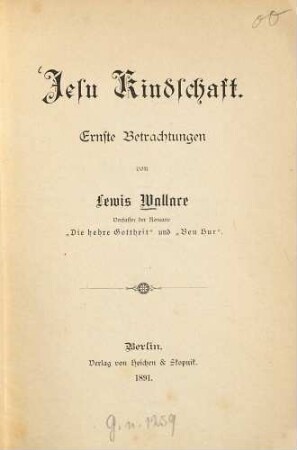 Jesu Kindschaft : Ernste Betrachtungen von Lewis Wallace