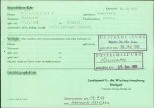 Eintrag in der Bundeszentralkartei (Teil des Testsamples): Fleischer, Liselotte, geb. Rosenzweig