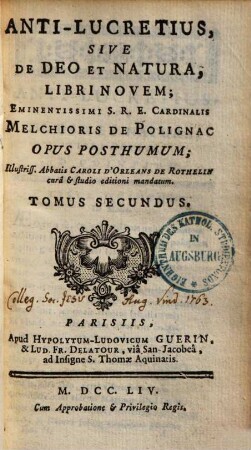 Anti-Lucretius, sive de deo et natura, libri novem : Opus posthumum. 2.