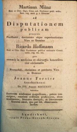 Martinus Münz ... ad disputationem publicam pro summis in medicina ... honoribus a Joanne Forster habendam ... invitat : [Insunt theses med.]