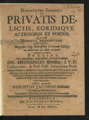 Disputatio Iuridica De Privatis Delictis, Eorumque Actionibus Et Poenis