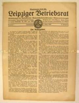 Gewerkschaftliches Mitteilungsblatt "Leipziger Betriebsrat" u.a. zur Lage im besetzten Ruhrgebiet
