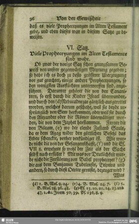VI. Satz. Viele Propheceyungen im Alten Testamente sind wahr