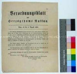 Verordnungsblatt des Herzogtums Nassau vom 4.8.1866 betreffend Steuererhebung zur Aufrechterhaltung des Staatshaushaltes