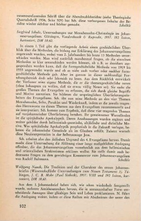 102 [Rezension] Schulz, Siegfried, Untersuchungen zur Menschensohn-Christologie im Johannesevangelium