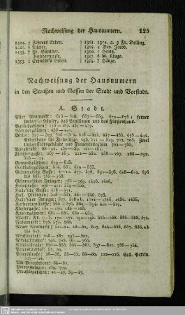 Nachweisung der Hausnummern in den Straßen und Gassen der Stadt und Vorstadt