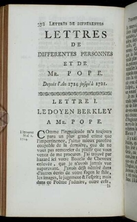 Lettres De Differentes Personnes Et De Mr. Pope. Depuis l'An 1714 jusqu' à 1721