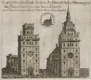Zwei Ansichten der alten gotischen Kreuzkirche in Dresden