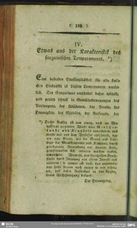 IV. Etwas aus der Karakteristik des sanguinischen Temperaments