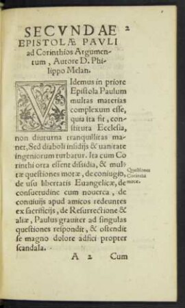 Secundae Epistolae Pauli ad Corinthios Argumentum, Autore D. Philippo Melan.