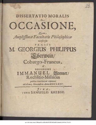 Dissertatio Moralis De Occasione