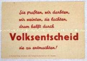 Handzettel mit einer Losung zum Volksentscheid über die Enteignung der Nazi- und Kriegsverbrecher