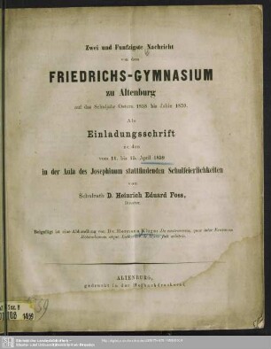 52.1858/59: Nachricht von dem Herzoglichen Friedrichs-Gymnasium zu Altenburg : über das Schuljahr Ostern ... bis Ostern ...