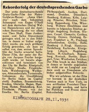 Rekorderfolg der deutschsprechenden Garbo