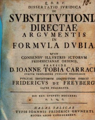Dissertatio Ivridica De Svbstitvtionis Directae Argvmentis In Formvla Dvbia