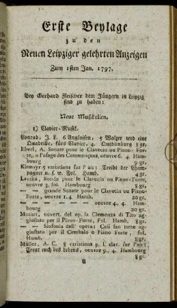 Erste Beylage zu den Neuen Leipziger gelehrten Anzeigen - Zum 1sten Jan. 1797.