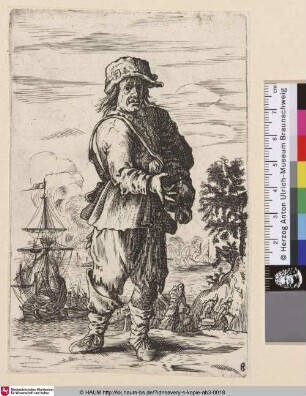 [Mann vor einer Seeschlacht-Szene stehend; Man standing before a naval battle]
