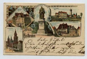 Mehrbildkarte, 5 Motive: Käthchenhaus, Denkmal Kaiser Friedrich [Kaiser-Friedrich-Denkmal], Wartberg, Kilianskirche, Marktplatz