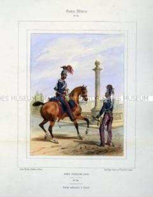 Uniformdarstellung, Reiter und Trompeter der National-Garde zu Pferde, Königreich Frankreich, 1840. Tafel Nr. 88 aus: Galerie Militaire.
