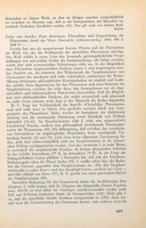 489-491 [Rezension] Ivánka, Endre von, Plato Christianus