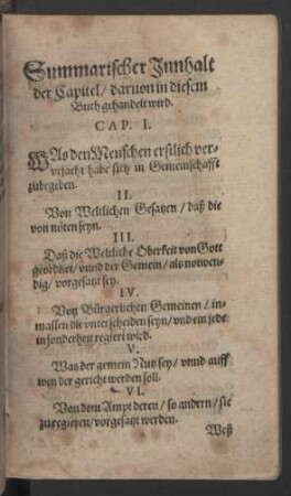Summarischer Inhalt der Capitel darvon in diesem Buch gehandelt wird.