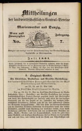 Neun und Zwanzigster Jahrgang. No. 7. Juli 1861.
