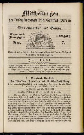 Neun und Zwanzigster Jahrgang. No. 7. Juli 1861.