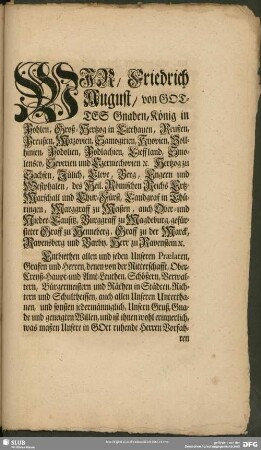 Wir, Friedrich August, von Gottes Gnaden, König in Pohlen, Groß-Hertzog in Litthauen, Reußen, Preußen, ...