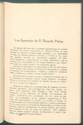 Los funerales de D. Ricardo Palma