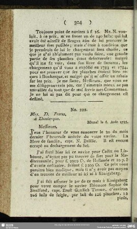 No. 222. Mrs. D. Freres, à Dunkerque. Memel le 6. Août 1785