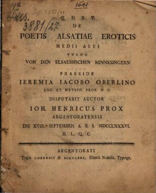 De Poetis Alsatiae Eroticis Medii Aevi Vulgo Von Den Elsaessischen Minnesingern