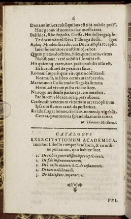 Catalogus Exercitationum Academicarum hoc Libello comprehensarum [...]