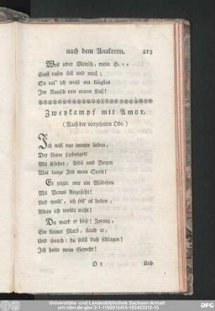 Zweykampf mit Amor. (Nach der vierzehnten Ode.)