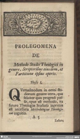 Prolegomena De Methodo Studii Theologici in genere, Scriptoribus eiusdem, et Partitione ipsius operis