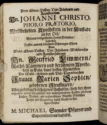 Dem [...] Hn. Johanni Christophoro Praetorio, [...]