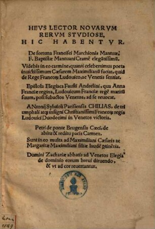Heus lector novarum rerum studiose, hic habentur De fortuna Francisci Marchionis Mantuae F. Baptistae Mantuani Cramen elegantissimus ...