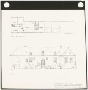Château de Balleroy-Calvados Erneuerung der Wirtschaftsgebäude: Grundriss Obergeschoss, Ansicht von W, 1:100