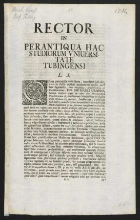 Rector In Perantiqua Hac Studiorum Universitate Tubingensi L. S.