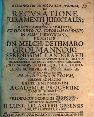 Dissertatio inauguralis juridica de recvsatione juramenti judicialis