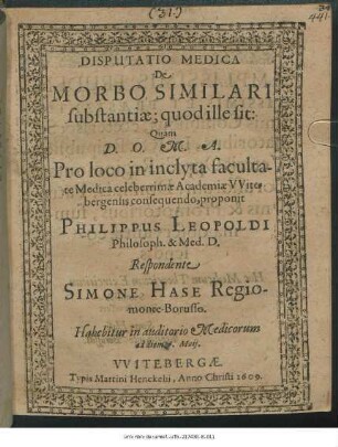 Disputatio Medica De Morbo Similari substantiae; quod ille sit