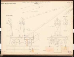 Hafen für Arkona Schinkelwettbewerb 1868: Kran: Aufriss Vorderansicht, Seitenansicht, Details 1:12; Maßstabsleiste